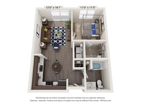 Floor plan for 1 bed, 1 bath, 656 sqft